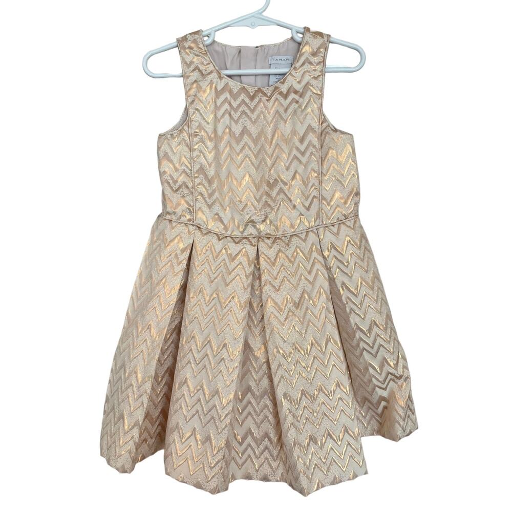 Tahari "Trophy" Rose Gold Dress Chevron Back Zip Flower Girl Holiday Girl's 4